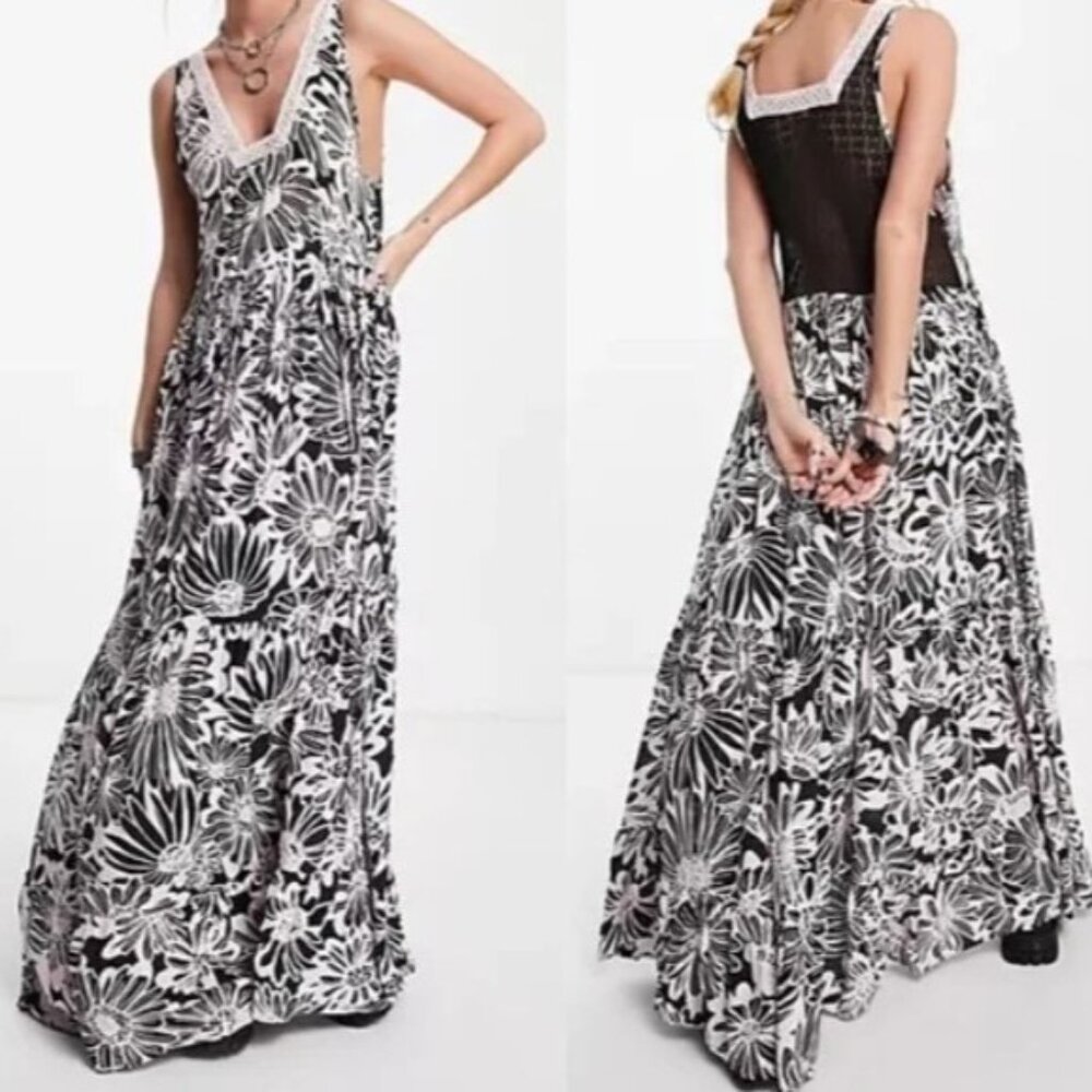 Intimately Free People Tiers for You Maxi Dress Pale Pink and Black Size Small